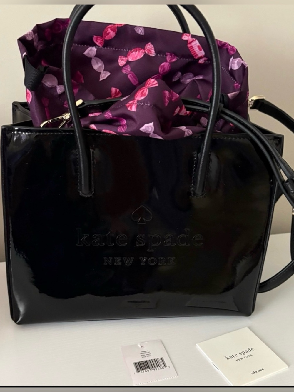 kate spade Black Patent Tote with Purple Candy-Print Liner